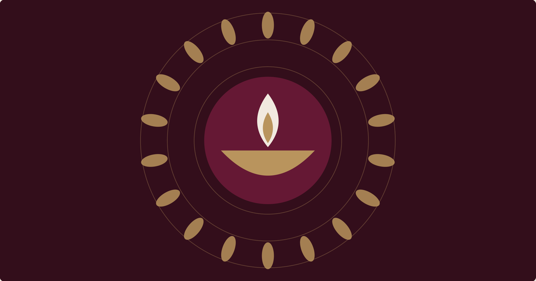 Navratri diya illustration surrounded by a ring of lamps in Eora mulberry and gold